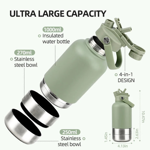 3 in 1 32oz Portable Pet Dog Water Bottle Bowls Stainless Steel Insulated Outdoor Travel Drinking Bottle