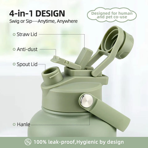 3 in 1 32oz Portable Pet Dog Water Bottle Bowls Stainless Steel Insulated Outdoor Travel Drinking Bottle